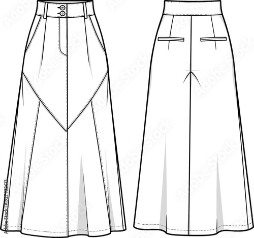 Technical fashion sketch of women long maxi skirt template with decorative front paneling and back pockets cad drawing flat vector