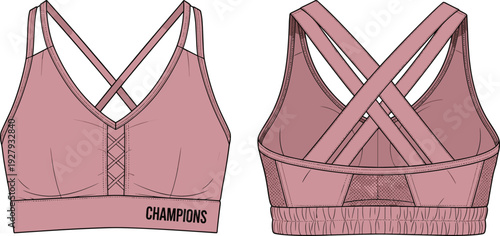 Technical fashion sketch of a womens criss cross sports bra template front back views cad drawing flat vector illustration mockup