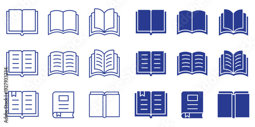 Book and open textbook icon set. Linear book icon set with paper pages outline vector illustration. eps 10