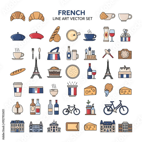 French Line Art Illustration Minimal Outline Paris Icons and Cultural Elements Vector Set