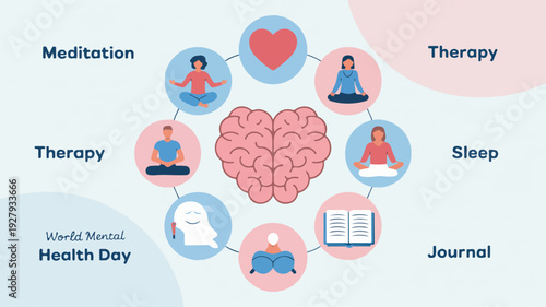 Mental health and wellness concept with brain surrounded by meditation therapy sleep journal and mindfulness icons on a light blue background