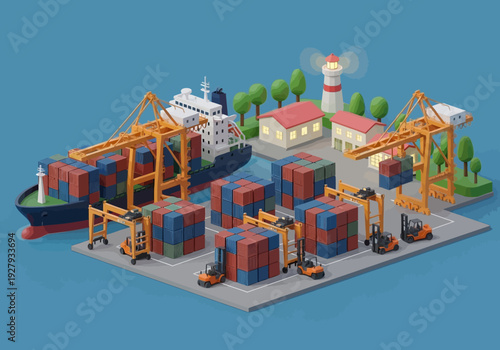 Industrial port with cargo ship, shipping containers, cranes, forklifts, and buildings, illustrating global trade and logistics operations