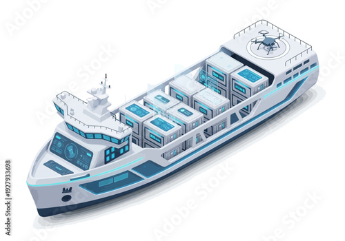 Futuristic cargo ship with drone and containers, advanced logistics and technology for global shipping industry
