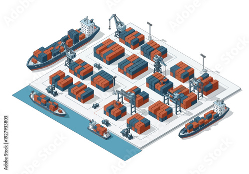 Shipping containers and cargo ships at a bustling port terminal with cranes and docks