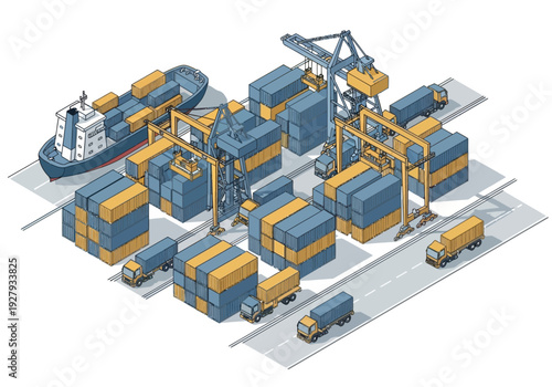 Isometric view of a bustling container port with cargo ships, cranes, trucks, and stacked shipping containers, showcasing global logistics and supply chain operations