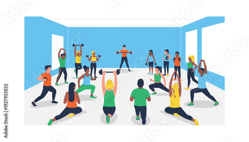 Diverse group of people exercising together in modern fitness class with dumbbells