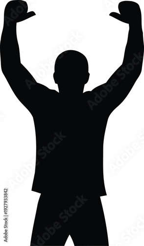 A black silhouette of a muscular man flexing his arms and showing off his biceps against a white background