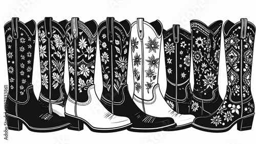 Black and White Cowgirl Boot Silhouette Set – Western Ornament Hand Drawn Vector Collection