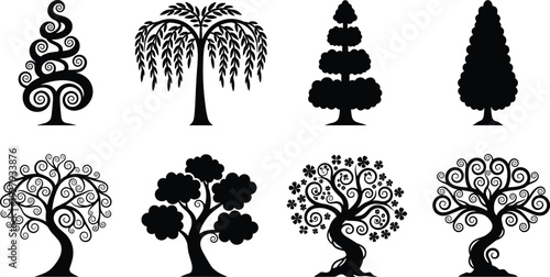 Comprehensive Nature Silhouette Set Featuring Diverse Vector Symbols of Stylized Ornamental Trees With Spiral Branches and Flowers