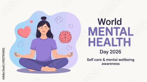 Woman meditating for mental health awareness with brain and heart symbols around her