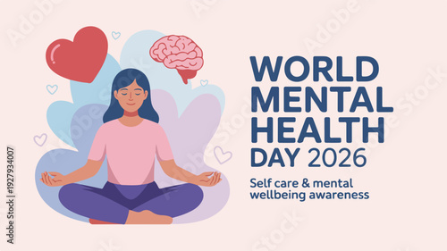 Woman meditating for mental health awareness on world mental health day 2026 with heart and brain symbols