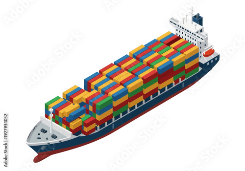 Massive cargo ship loaded with colorful containers sails on a calm sea, illustrating global logistics and international trade