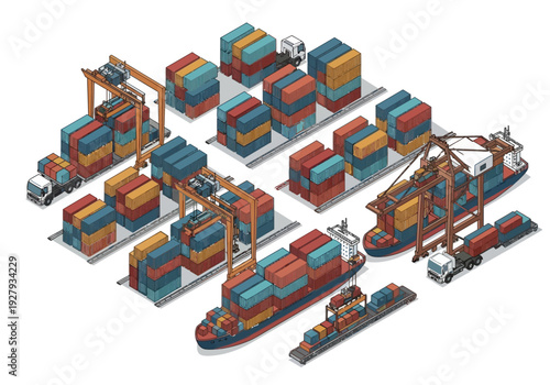 Isometric illustration of container ships, cargo cranes, trucks, and shipping containers in a port