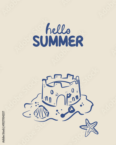 Hello Summer greeting card with doodle vacation elements in line style. Hand drawn sand castle, sea shell, star fish. Suitable for branding, packaging, posters and seasonal design.