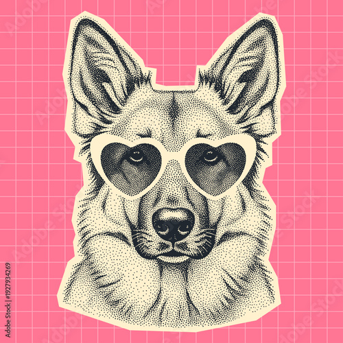 German Shepherd Dog Portrait in Heart-Shaped Sunglasses Retro Halftone Stipple Effect Illustration