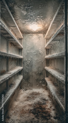 Icy interior of an abandoned walk-in freezer with frost-covered shelves and a single light.