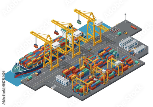 Industrial shipping port with cargo ship, cranes, and shipping containers