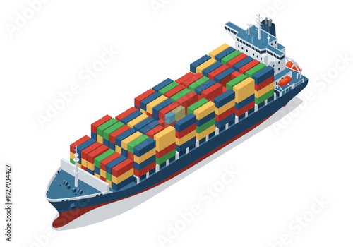 Vast cargo ship laden with colorful containers, symbolizing global trade and logistics on the open sea