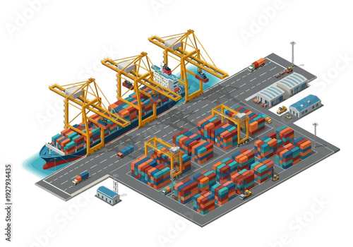 Aerial view of a busy shipping port with large cranes and stacked cargo containers ready for transport