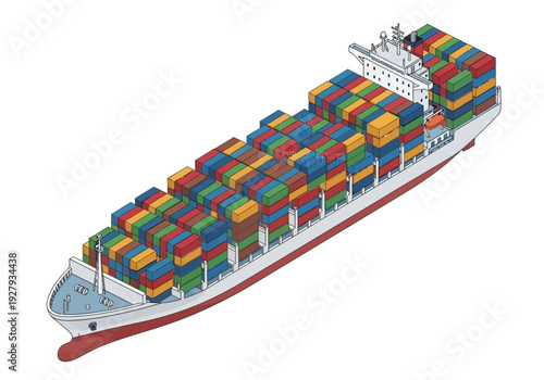 A large cargo ship loaded with colorful shipping containers, illustrating global trade and logistics