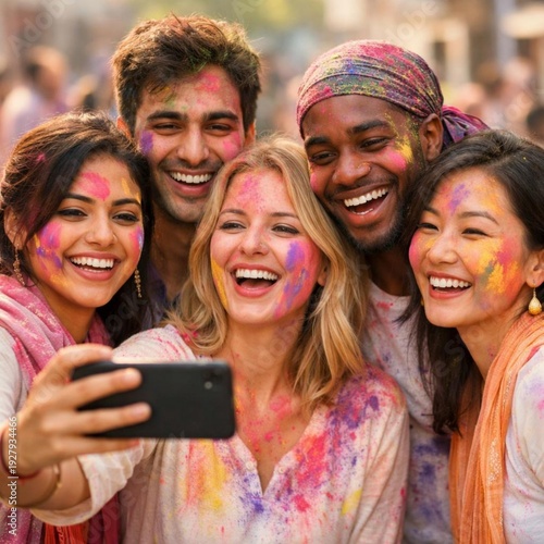  friends taking smartphone selfie during Holi celebration 