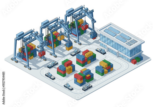Industrial Port Logistics with Cranes and Containers, trucks, warehouse