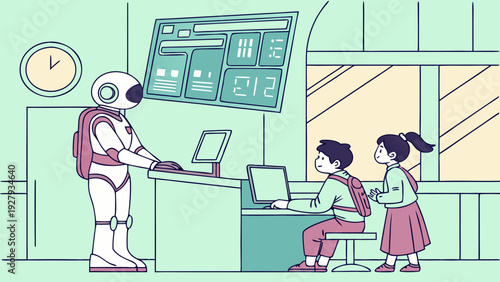 Vector cartoon illustration of a school in South Korea with a robot assistant helping students, smart digital screens, a high-tech environment, attentive students, a modern flat style, soft neon color