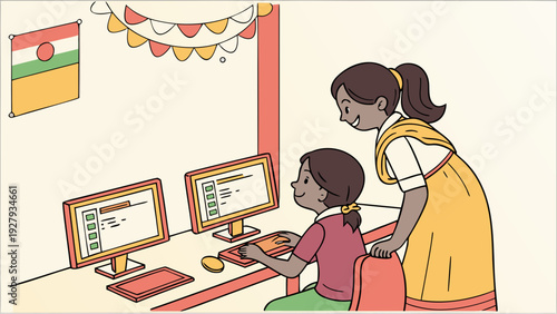 Vector cartoon flat of a computer lab in India with children learning programming on colorful computers, simple codes on the screen, a teacher helping, subtle Indian cultural decoration, vibrant color