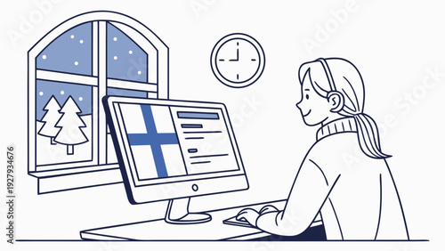 Vector illustration in cartoon style of a Finnish student at home during an online class, modern computer on a minimalist desk, window with snowy landscape in the background, digital interface on scre