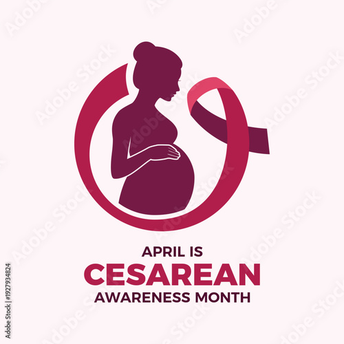 April is Cesarean Awareness Month poster vector illustration. Silhouette of pregnant woman and burgundy awareness ribbon icon. C-section symbol. Template for background, banner, card