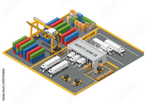 Logistics and transportation hub with cargo containers, trucks, and forklifts in a loading dock area, illustrating efficient supply chain management