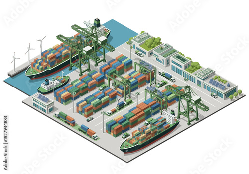 Modern green logistics and transportation hub with cargo ships, cranes, and sustainable energy sources in an isometric view