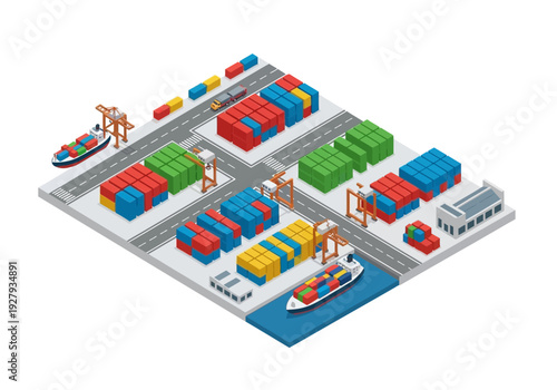 Isometric view of a bustling shipping port with cargo containers, cranes, and ships engaged in global logistics and trade operations