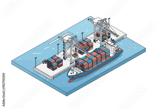 Illustration of a busy shipping port with cargo ship loading and unloading containers using cranes
