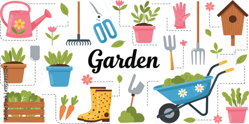 Colorful garden tools and plants vector illustration with watering can, wheelbarrow, rake, scissors and flower pots
