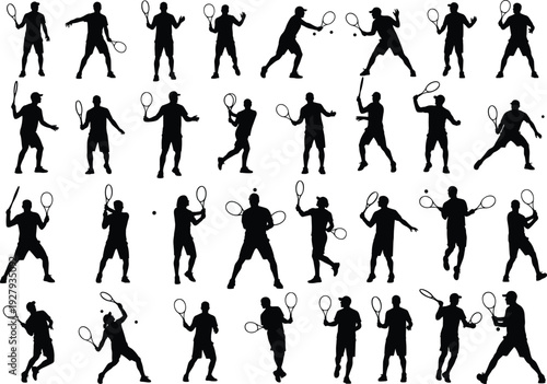Silhouette collection of male tennis players in different action poses with rackets, playing and training, isolated vector illustration for sports design projects