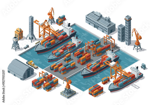 A bustling industrial port with cargo ships, cranes, and shipping containers, illustrating global logistics and trade operations