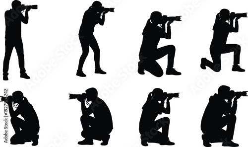 Silhouette collection of photographers in various dynamic standing and kneeling poses using professional cameras, capturing action shots for creative projects, design resources, and visual storyt