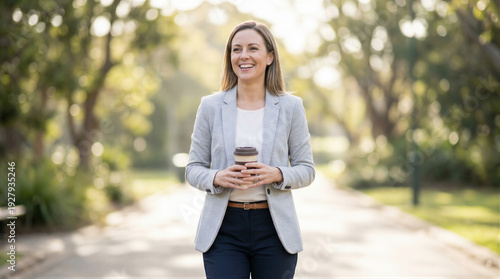Woman in light grey blazer holding coffee cup walking in park with blurred trees and path, bright daylight, smiling, business casual, outdoor setting