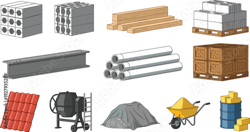 Construction materials and equipment set with blocks, beams, pipes, mixer and roofing tiles