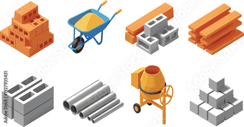 Construction materials isometric vector set with bricks, concrete blocks, lumber, pipes, wheelbarrow and cement mixer