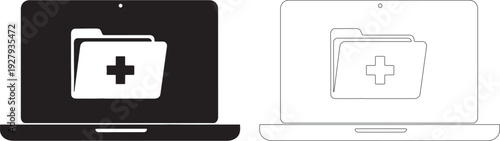Black and white laptop with medical folder computer