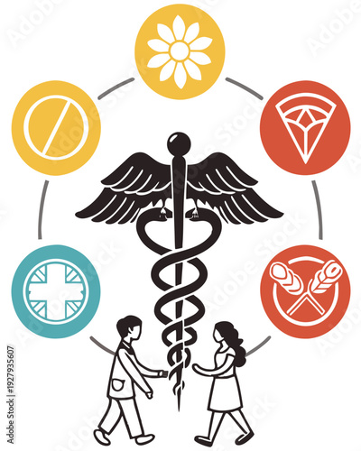 Medical symbols and healthcare professionals