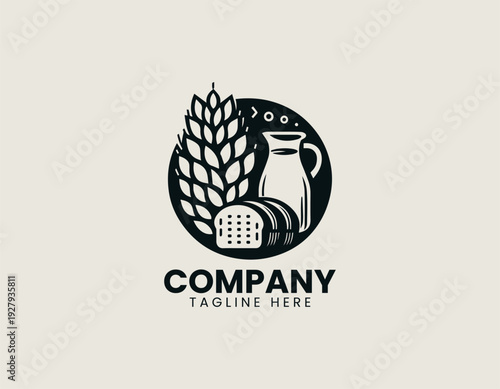 Bread loaf with wheat stalks and milk jug in clean modern bakery vector illustration style