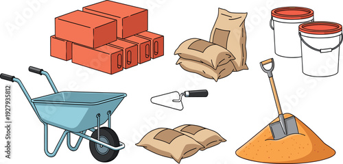 Construction supplies set with bricks, cement bags, buckets, wheelbarrow and sand pile
