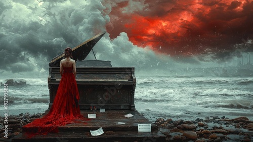 Woman in Elegant Red Dress Playing Piano on Rocky Shore with Stormy Sky