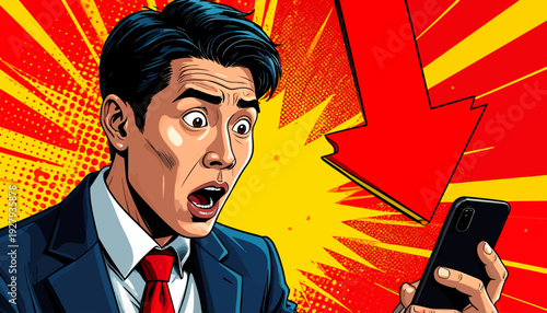 Vintage cartoon man shocked by retro red arrow notification on phone