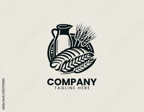 Bread loaf with wheat stalks and milk jug in clean modern bakery vector illustration style