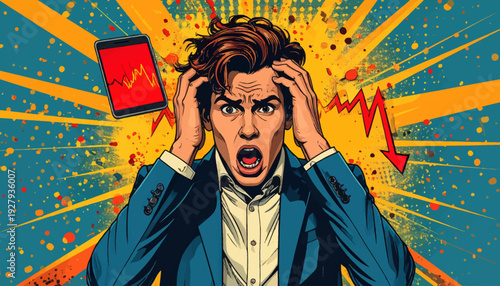 A vintage retro comic style illustration of a shocked businessman experiencing a dramatic financial crisis