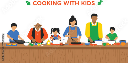 Cooking with kids vector illustration of family preparing food together in kitchen with vegetables and utensils